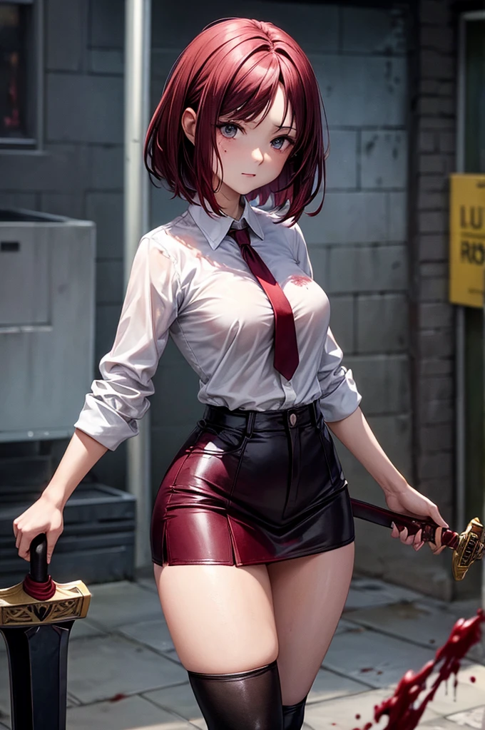 Hot woman with burgundy hair white shirt splattered in blood and a black tight mini skirt and sword