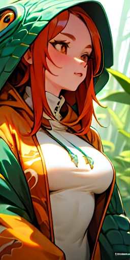 close up of a person wearing a hoodie, feathers, hot reptile humanoid woman, jungle, dinosaur, redhead, covered sfw huge breasts, cute!, panini, posse features, artwork in the style of z.w. gu, extinct species, featured on amiami, unzoom