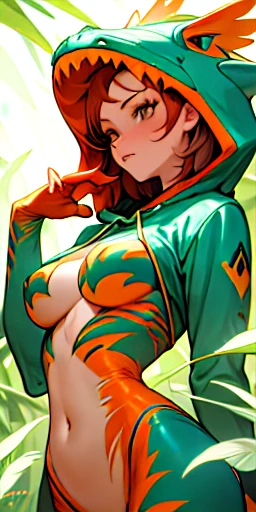 close up of a person wearing a hoodie, feathers, hot reptile humanoid woman, jungle, dinosaur, redhead, covered sfw huge breasts, cute!, panini, posse features, artwork in the style of z.w. gu, extinct species, featured on amiami, unzoom