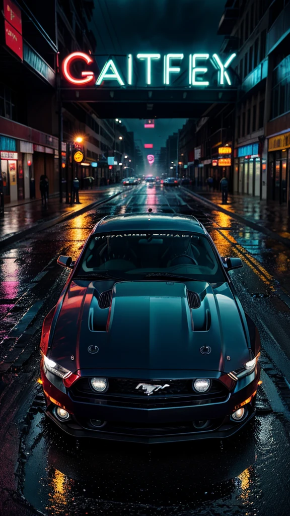 Showcase the Mustang GT on a rain-soaked city street at night. Raindrops bead on the car's surface, and colorful reflections of neon signs dance on the wet pavement. The car's headlights pierce through the darkness, creating a moody and atmospheric shot that captures the essence of urban nightlife.