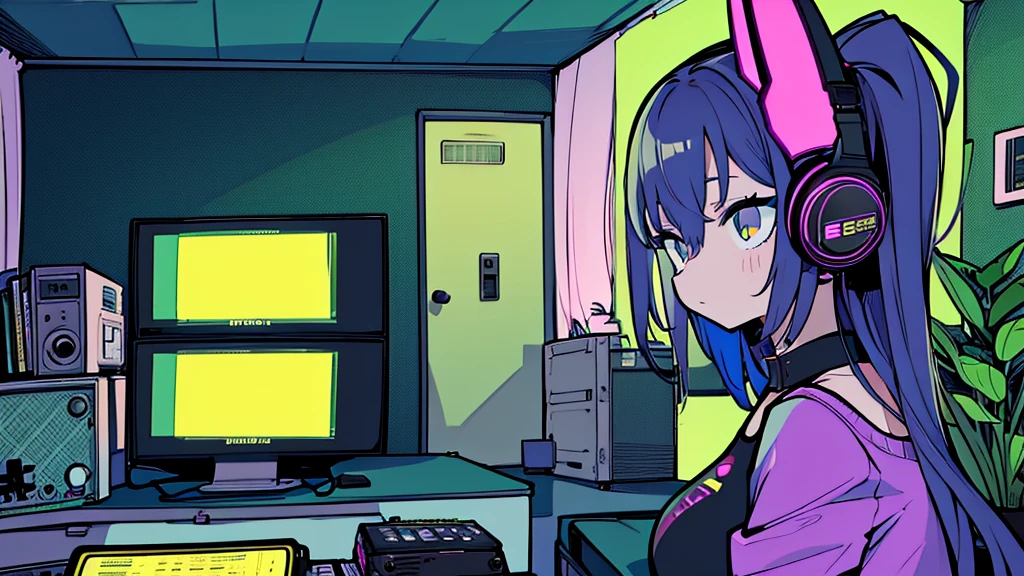 Best quality, (masterpiece), best detail face,1 girl, big breasts, 18 yo, 8k,absurdres,unity 8k wall paper,(extremely detailed:1.3), highest realistic, (retro headphones:), (soft neon light:), (psychedelic), Her room full of music equipment and plants, tight sports wear , See the whole room, She is leaving the room, dark yellow color palette
