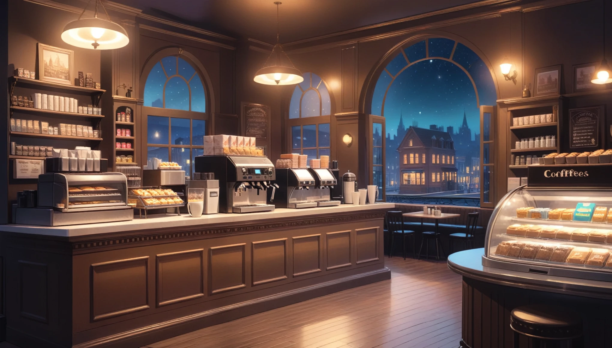 a victorian cozy night time at a coffe interior with cozy lighting and sweets in the shelves. There are coffee cups in the tables. a cash machine and a coffee maker machine in the counter,There is a big window in the middle of the coffeeshop and the outside view is the city at night