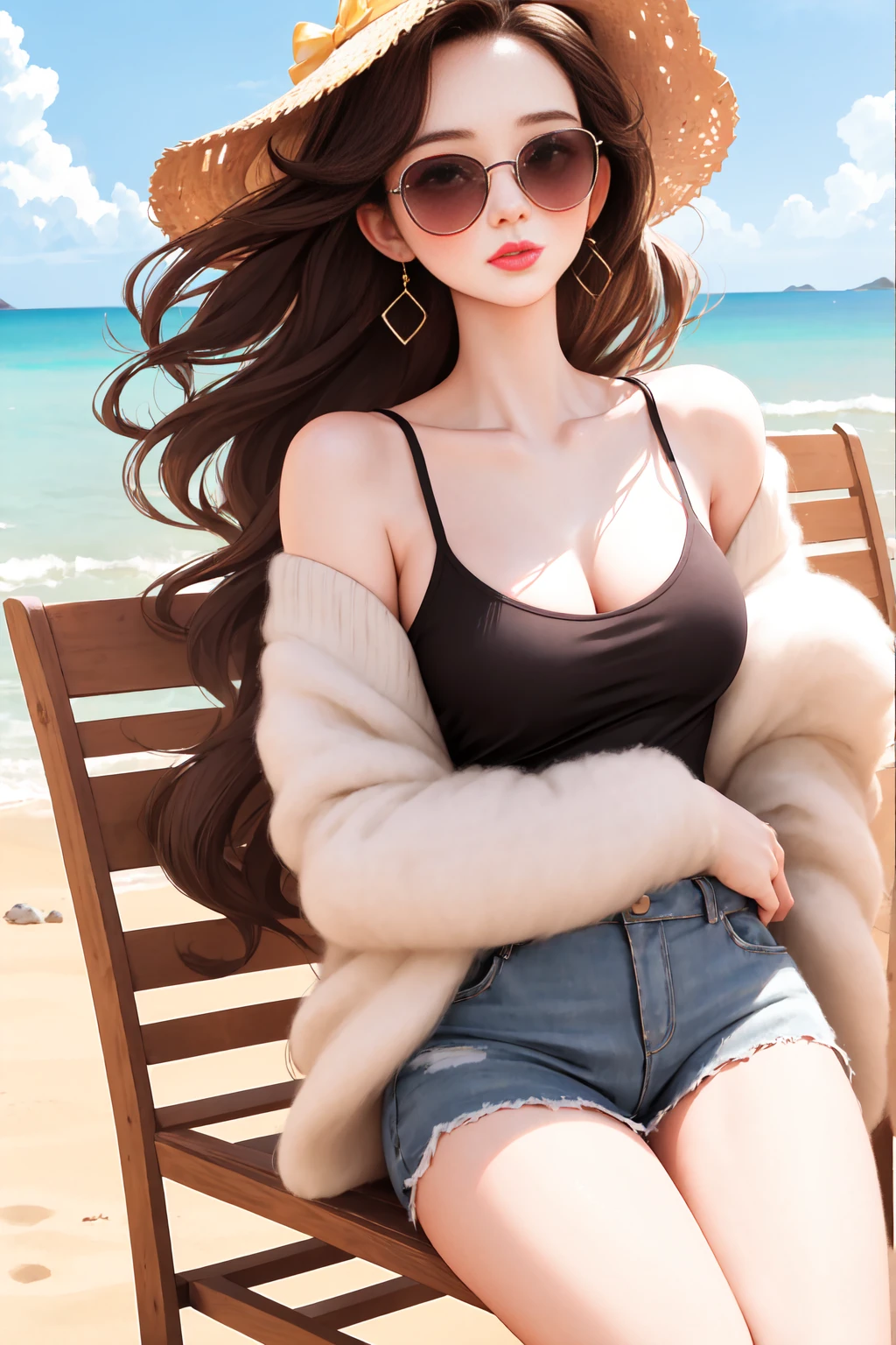 a beautiful young woman wearing sunglasses:1.5, sitting on a beach chair, holding a drink, caribbean paradise beaches, heat, 1girl, detailed facial features, realistic, photorealistic, hyper detailed, natural lighting, warm colors, vibrant, cinematic, (best quality,4k,8k,highres,masterpiece:1.2),ultra-detailed,(realistic,photorealistic,photo-realistic:1.37)