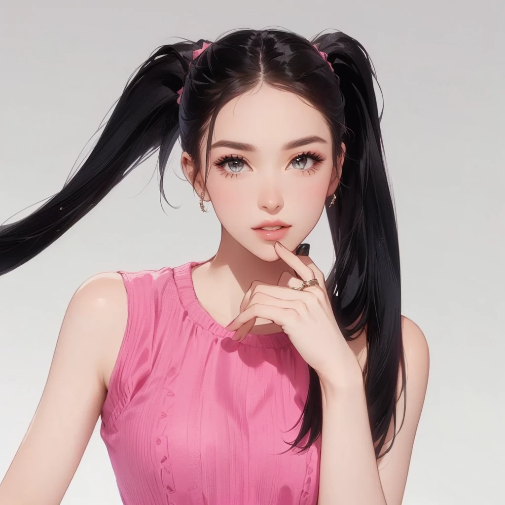 a close up of a woman with a ponytail in a pink top