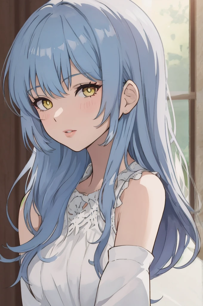 anime style, 1girl, light blue hair, long hair, yellow eyes, white sleeveless dress, light purple sleeves, lips,, portrait,,