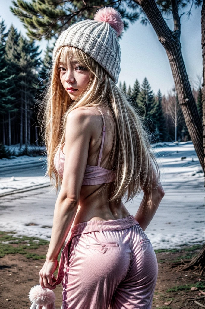 blonde long hair, cute, pants pulled down, trees in background, pink 80s suit, pink beanie, posing, white winter clothes, cute wink, white thong, view from behind, medium breast