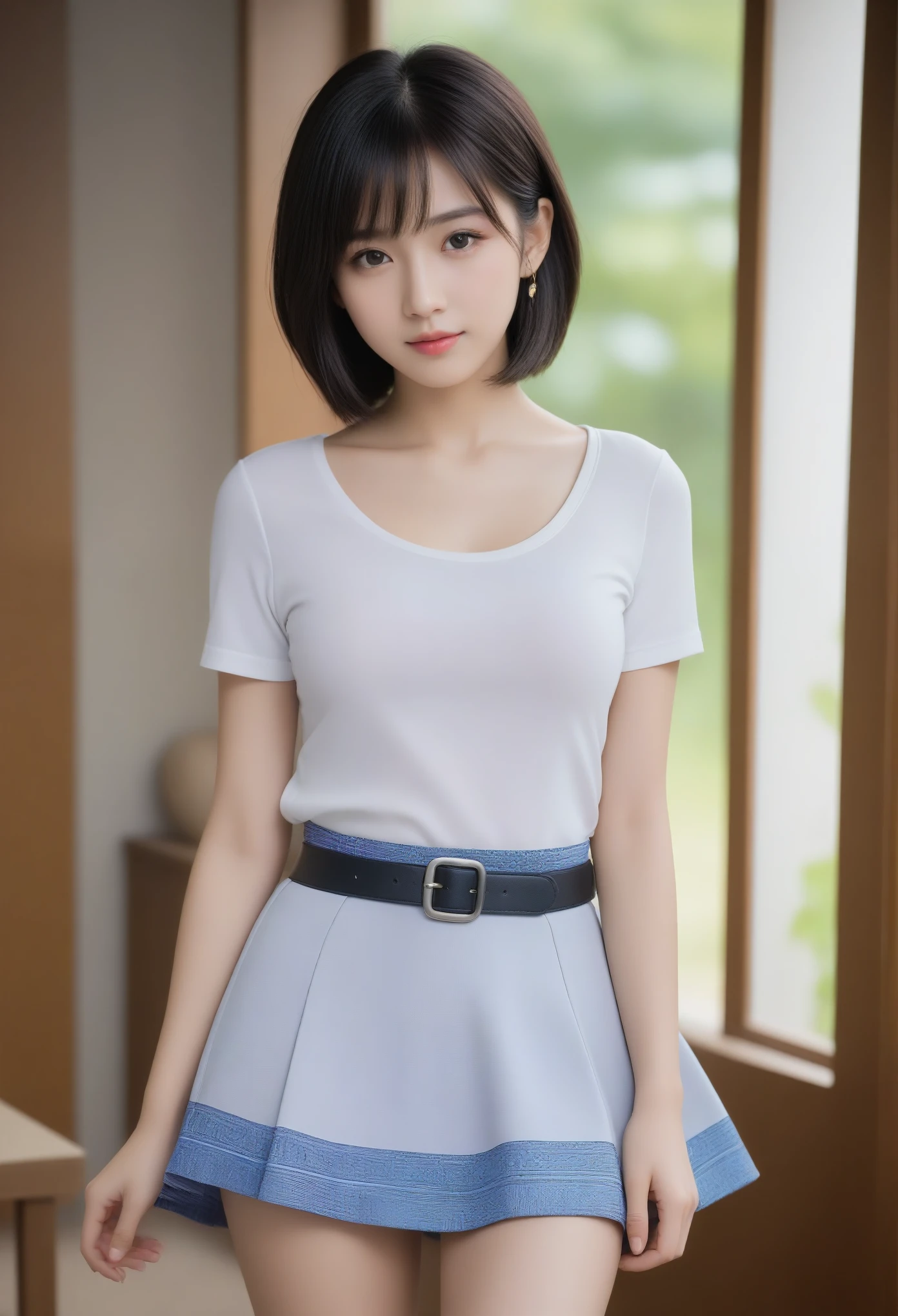 8K, Ultra-high resolution, Highest quality, masterpiece, 三分割法によるphotograph,Surreal, photograph, 1 Girl, (:1.3), pretty girl, Cute face, Beautiful eyes in every detail, 細かくdetailedに,masterpiece,, One Girl:1.2, Japan Female Announcer,whole body,(Absurd, High Fantasy Art, Best HD images, 注意深くdetailedに, 非常にdetailedな特徴と質感), Solo Character, 16 years oldhas short black hair, Purple eyes with black pupils, Flat Chest, Slim texture, Very thin lips, White skin, (Scottish short skirt, Grey Leather Shirt, silver meral belt between her Scottish short skirt and belly), Confident pose, Very serious face, No Sense of Humor Irish Wooden Cottage with Ancient Greek and Celtic Furniture, Attractive thighs, Sensual,A carefree smile,Heal the heart,Black Hair,Short Bob,Looking at the audience、beauty,Long neck、Laugh a little、Please close your mouth and laugh、(((Ideal body type))),A cup small breasts :2,、Portraiture:2、Perfect Anatomy、鮮明なdetailed、detailed、Surreal、Light and shadow,Strong light