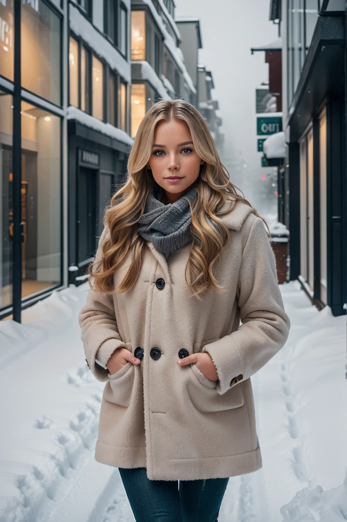 professional portrait photograph of a gorgeous Norwegian girl in winter clothing with long wavy blonde hair, sultry flirty look, gorgeous symmetrical face, cute natural makeup, wearing elegant warm winter fashion clothing, ((standing outside in snowy city street)), stunning modern urban environment, ultra realistic, concept art, elegant, highly detailed, intricate, sharp focus, depth of field, f/1. 8, 85mm, medium shot, mid shot, (((professionally color graded))), bright soft diffused light, (volumetric fog), trending on instagram, hdr 4k, 8k