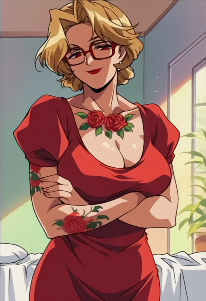 rating_explicit,beautyful mature woman, Shion Karanomori based, blonde wavy hair, encorped body, red glasses, red lipstick, red low-cut dress, whole body roses tattoos,,in city, morning, milf, smile, red eyes, crossed arms, large breasts