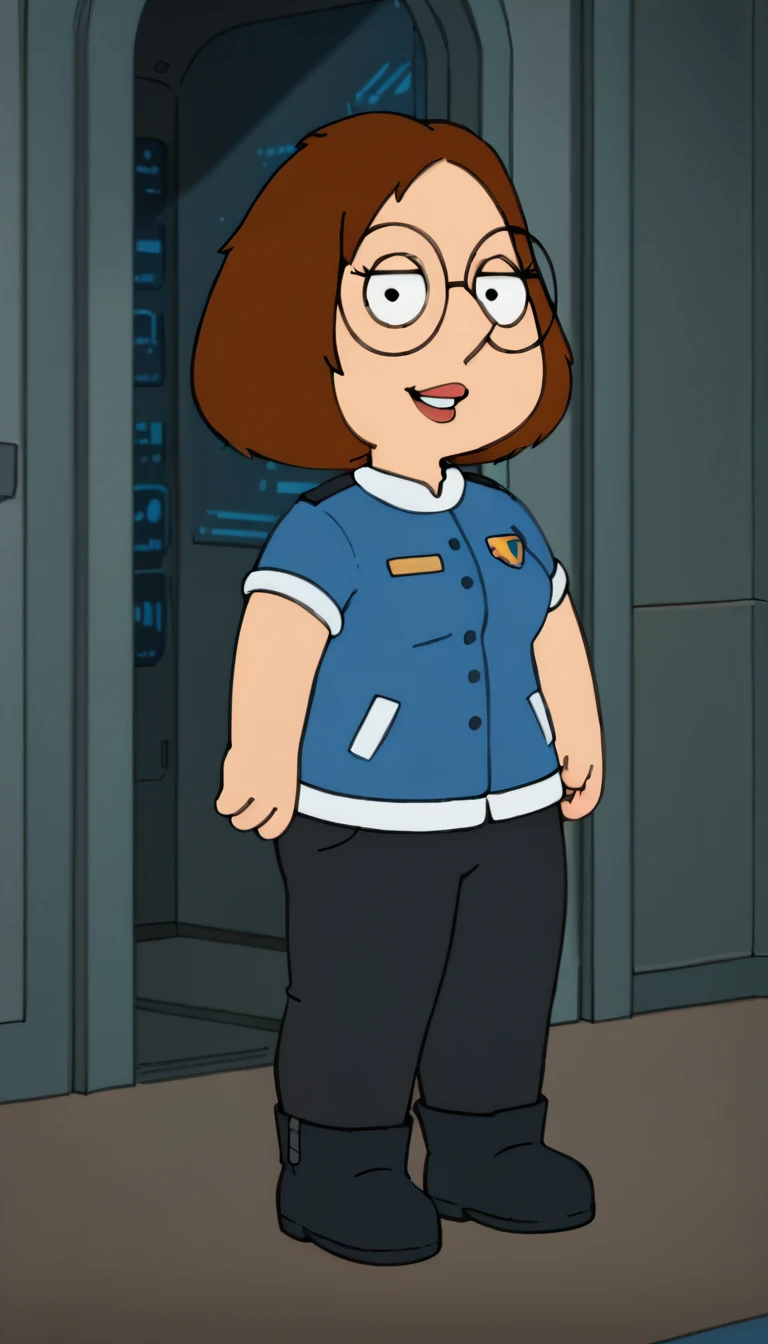meg, (((1girl, solo, alone, short brown hair, glasses))), shortstack, flat color, looking at viewer, smile, parted lips,
blue stsnwunf uniform with (black pants, black boots)
sexy pose, dynamic pose, dynamic angle, cowboy shot,
indoor, inside spaceship,