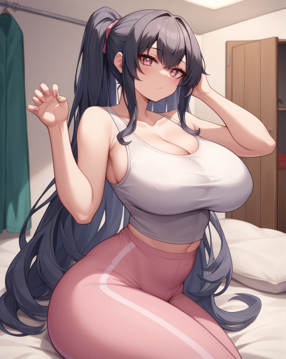 deaver, by deaver, black hair, female, twin drills, solo, smol, pink eyes, massive breasts, massive butt, massive hips, oppai , very long hair, wear plain black open cut tight tank top and pink leggings, cute pose, masterpiece, ultra high quality, masterpiece, best quality, highly detailed background, cinematic lighting, detailed eyes, perfect face, bedroom, bed sheet, closet,