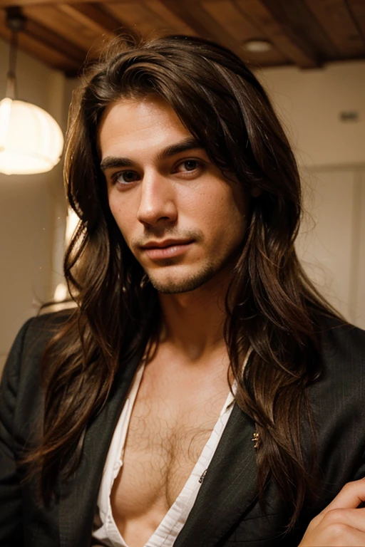 A handsome man new romantic with soft face and long hair