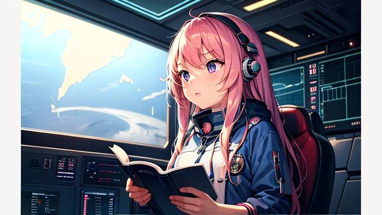 Portrait of girl in spacecraft control room, reading