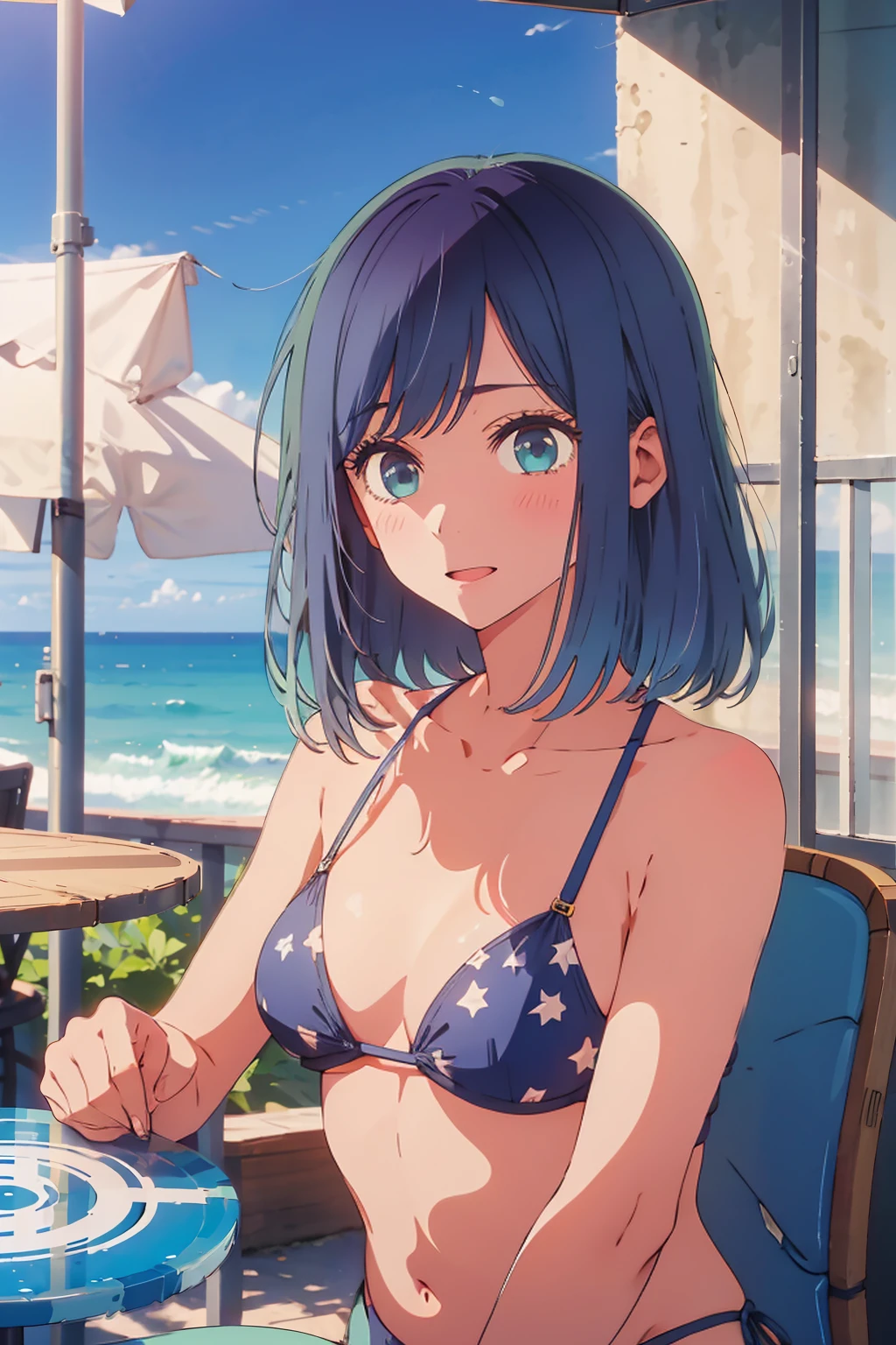 (Highest quality:1.4、masterpiece:1.4、Super detailed:1.4、8K:1.4)、F cup bust、Big Breasts、Slim body、((((1 person、Surprised expression、sit、In the background are the urban buildings of Tokyo、looking at the camera、Outdoor café terrace、coastal、Navy hair color、Shooting from an oblique angle、juice、table、Very cute face))))、((nude、Areola、bikini size too small))、Very blue sky、A completely cloudless sky、Big eyes、((((Shallow depth of field))))