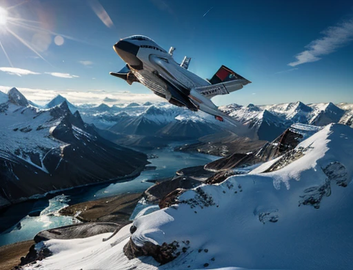 dynamic photography. Spaceship flying low over icy mountains