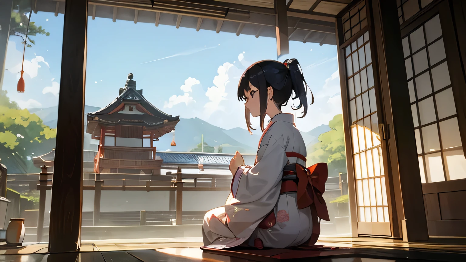 Summer daytime view, Japanese house with wind chimes. A 16-year-old girl in a kimono is sitting.