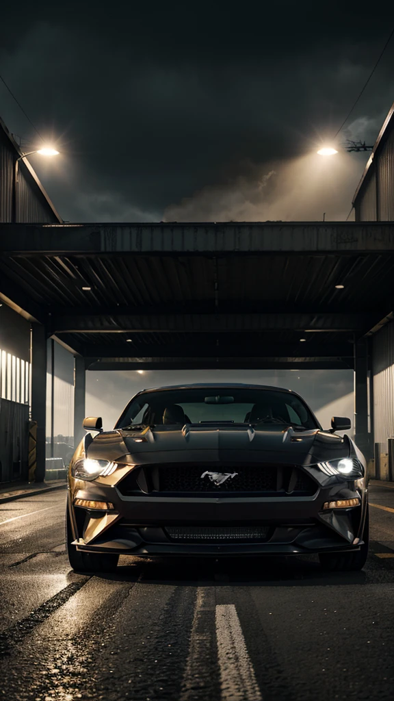Position the Mustang GT in an industrial area, surrounded by large steel structures and machinery. Dramatic lighting highlights the car's muscular design, casting long shadows and creating a moody, cinematic effect. This setting emphasizes the car's ruggedness and modern appeal in an urban environment.