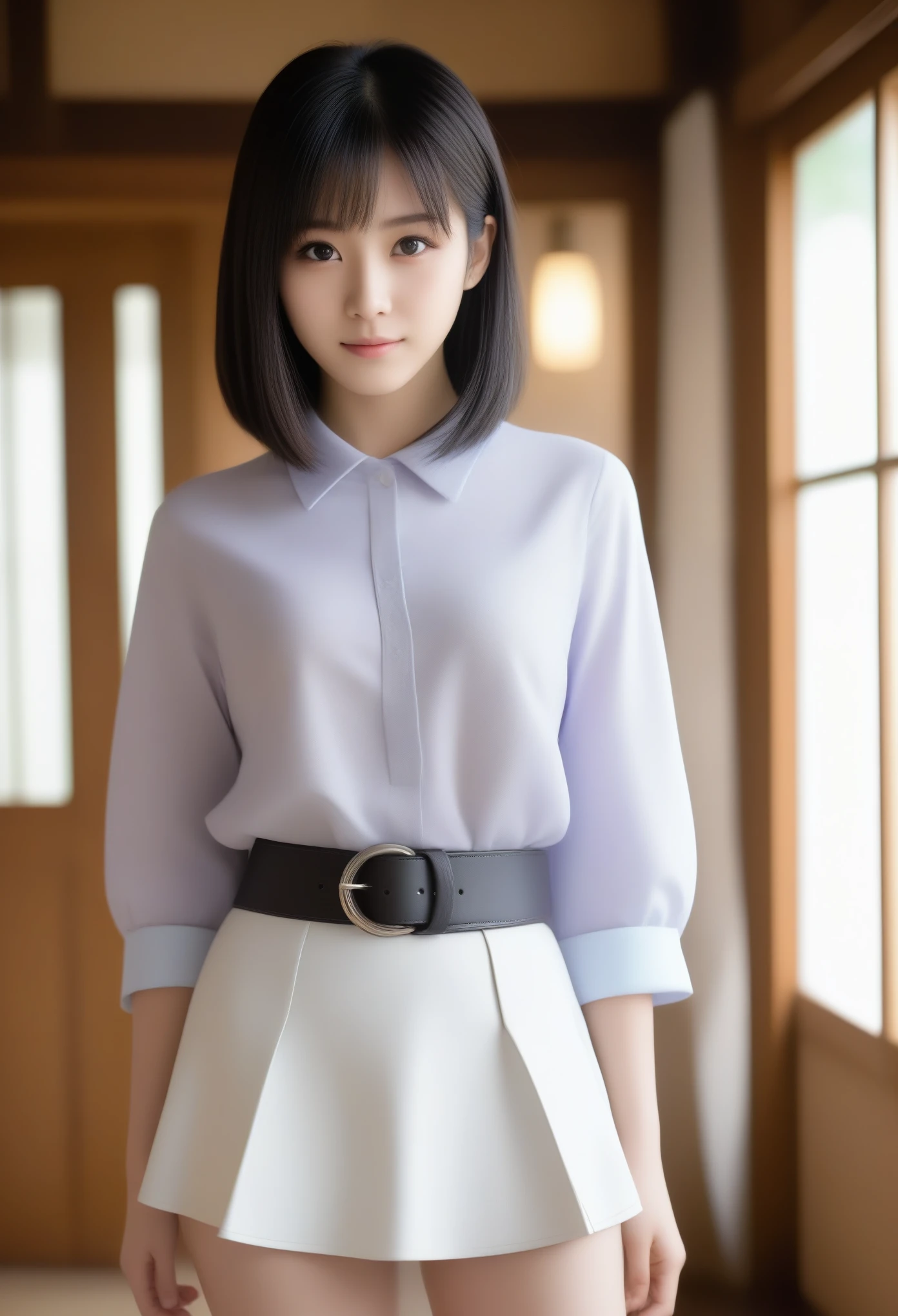 8K, Ultra-high resolution, Highest quality, masterpiece, 三分割法によるphotograph,Surreal, photograph, 1 Girl, (:1.3), pretty girl, Cute face, Beautiful eyes in every detail, 細かくdetailedに,masterpiece,, One Girl:1.2, Japan Female Announcer,whole body,(Absurd, High Fantasy Art, Best HD images, 注意深くdetailedに, 非常にdetailedな特徴と質感), Solo Character, 16 years oldhas short black hair, Purple eyes with black pupils, Flat Chest, Slim texture, Very thin lips, White skin, (Scottish short skirt, Grey Leather Shirt, silver meral belt between her Scottish short skirt and belly), Confident pose, Very serious face, No Sense of Humor Irish Wooden Cottage with Ancient Greek and Celtic Furniture, Attractive thighs, Sensual,A carefree smile,Heal the heart,Black Hair,Short Bob,Looking at the audience、beauty,Long neck、Laugh a little、Please close your mouth and laugh、(((Ideal body type))),A cup small breasts :2,、Portraiture:2、Perfect Anatomy、鮮明なdetailed、detailed、Surreal、Light and shadow,Strong light