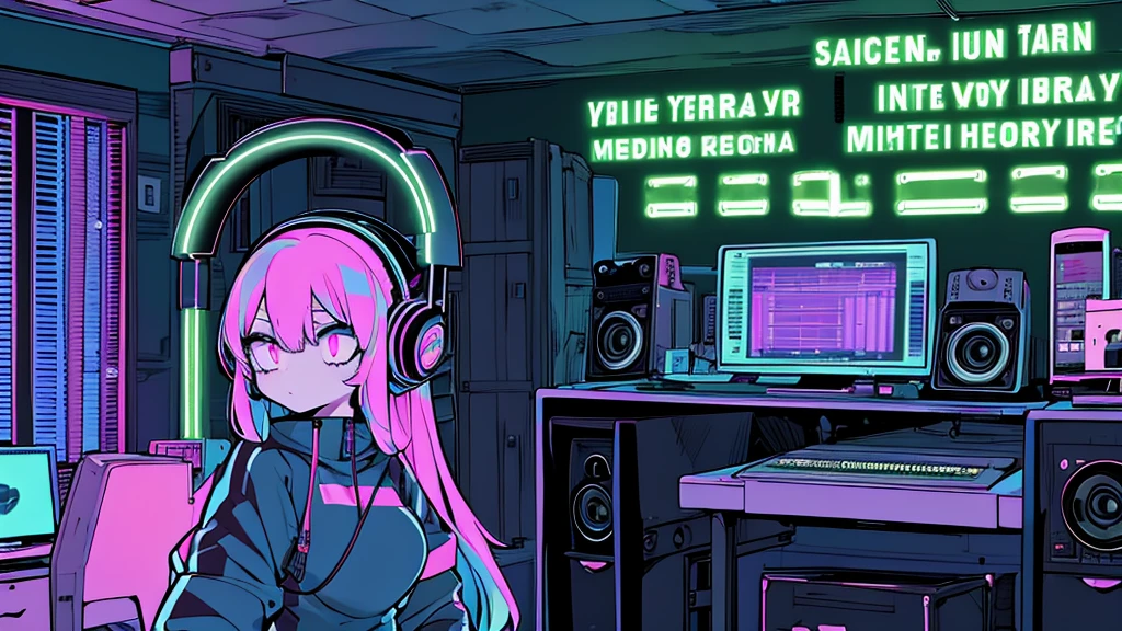 Best quality, (masterpiece), best detail face,1 girl, big breasts, 18 yo, 8k,absurdres,unity 8k wall paper,(extremely detailed:1.3), highest realistic, (retro headphones:), (soft neon light:), (psychedelic), Her room full of music equipment and plants, tight sports wear , See the whole room, She is leaving the room, dark yellow color palette