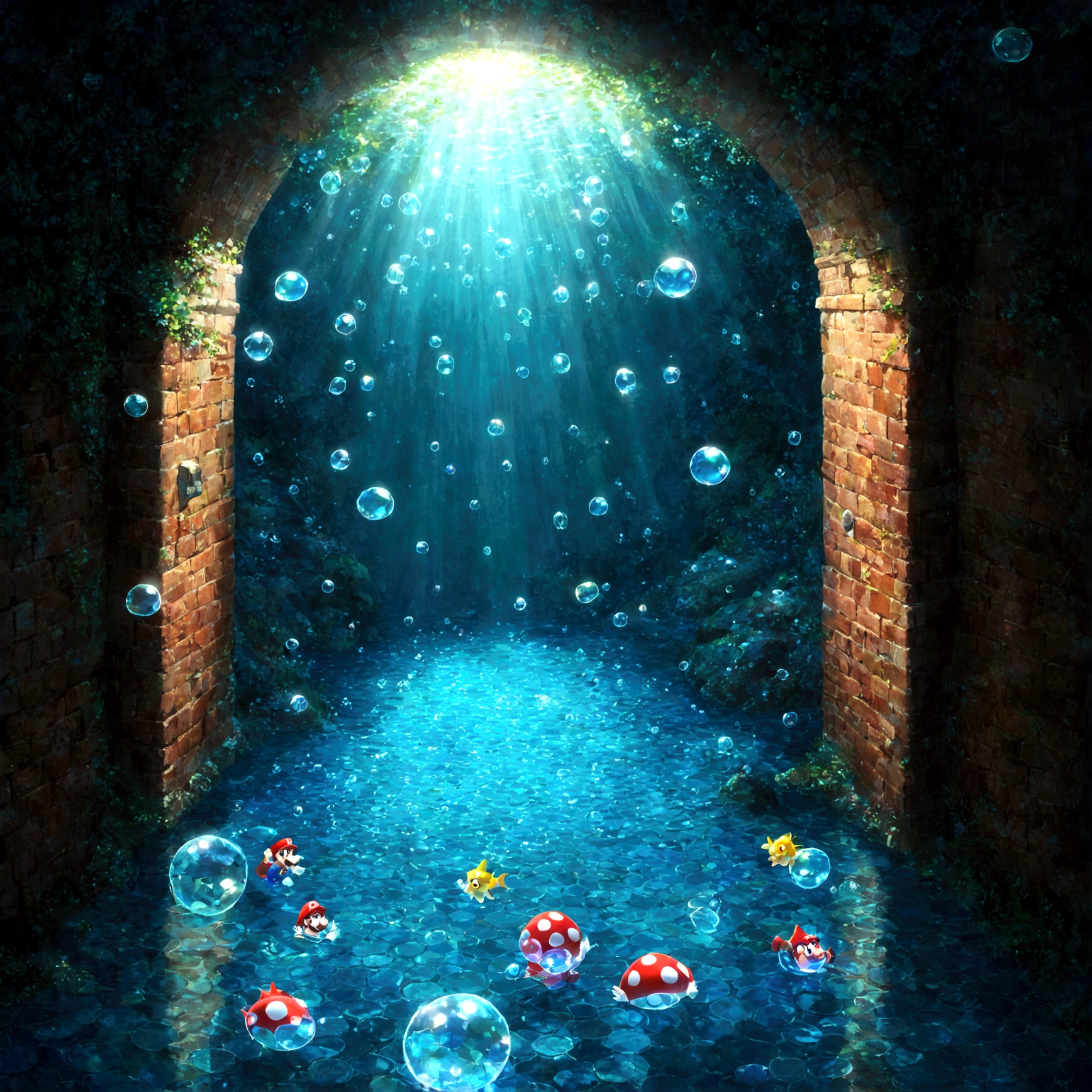 In the waterに続く、幻想的なUnderground Passage。In the crystal clear water、Bubbleがキラキラと輝きながら上昇していく。On the floor、水色のBrickが敷き詰められ、On the wall、海の生き物たちのMosaicが描かれている。In the back、In the waterステージへと続く、mysteriousなDoor of Lightが見える。Beautiful game scenery, Fantasy, Mario, In the water, Underground Passage, Bubble, Brick, Mosaic, Door of Light, mysterious