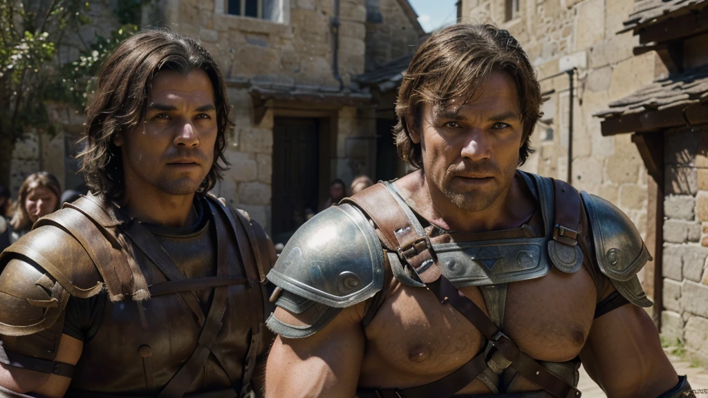 muscular barbarian man with the face of Lukluke Skywalker, hair, long blonde walking in a medieval village, happy with villagers, leather armor, (best quality,4k,8k,highres,masterpiece:1.2),ultra-detailed,(realistic,photorealistic,photo-realistic:1.37),detailed facial features,detailed eyes and expression,dynamic pose,medieval village background,warm lighting,vibrant colors,cinematic composition