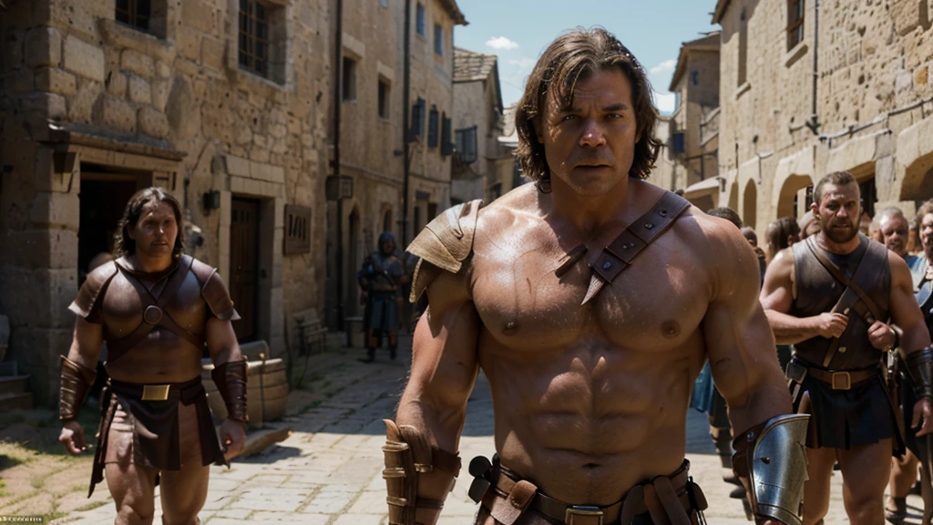 a muscular barbarian man with the face of Luke Skywalker, walking in a medieval village, happy with villagers, leather armor, (best quality,4k,8k,highres,masterpiece:1.2),ultra-detailed,(realistic,photorealistic,photo-realistic:1.37),detailed facial features,detailed eyes and expression,dynamic pose,medieval village background,warm lighting,vibrant colors,cinematic composition