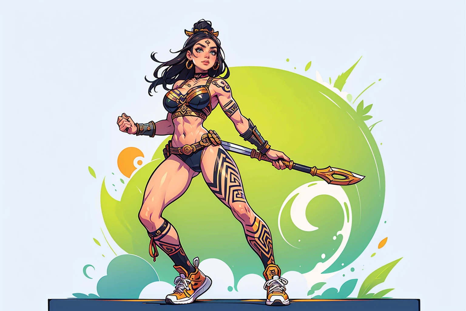 ((women amazon warrior outfit), athletic, tattoos, serious, looking at the viewer, perfect hands, beautiful face, simple_background, full body, perfect body, rounded breast