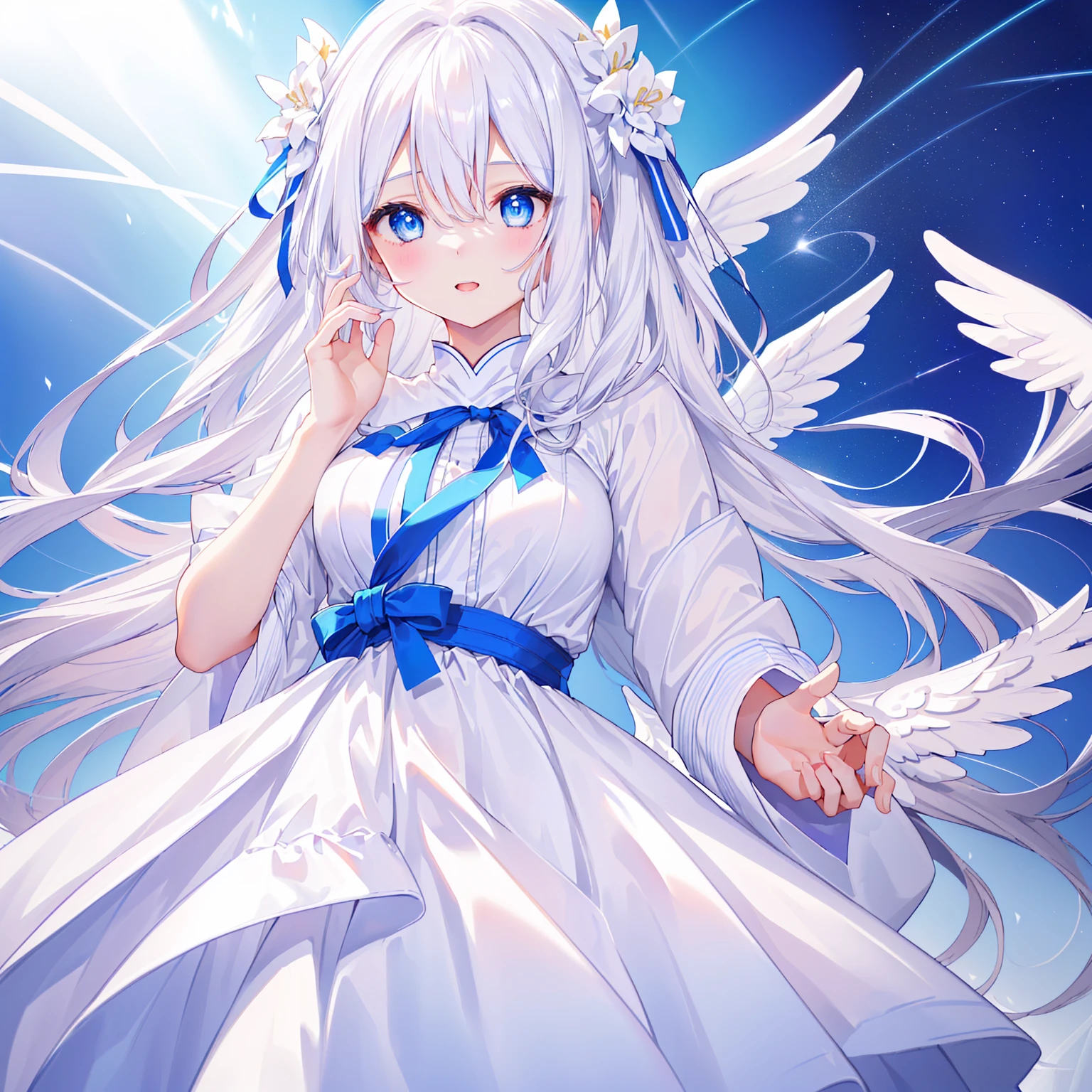 A pretty, cute girl with long white hair and blue eyes、14 Talents、Angel wings on the back、Mouth wide open and eyes wide open、comical、Bright expression、Pure white dress