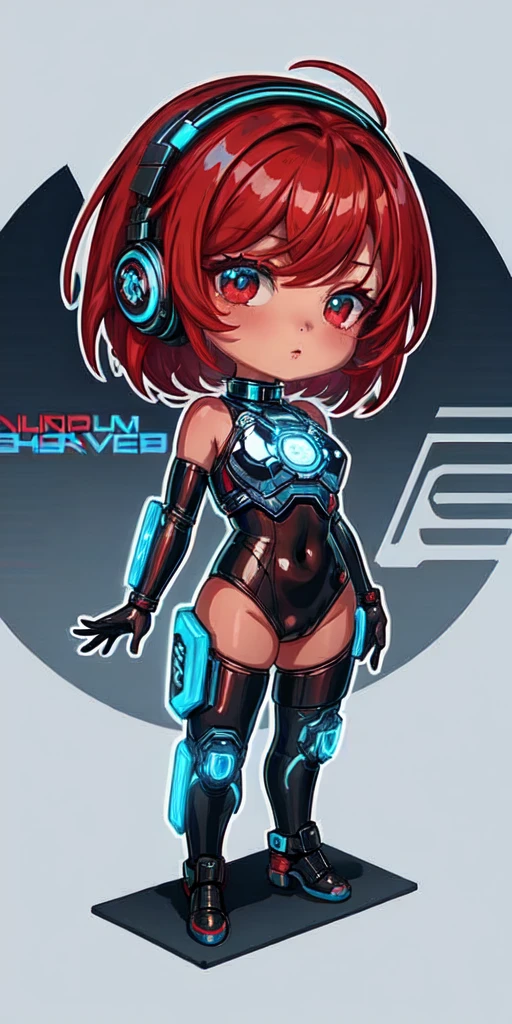 1girl in, android, Cyberpunk, red hair, cyan eyes, Short hair, White breastplate, Black headphones, Mechanical black glossy metallic Bodysuit, Bare shoulders, Glossy, shiny material,chibi emote, chibi character, cyberpunk city,