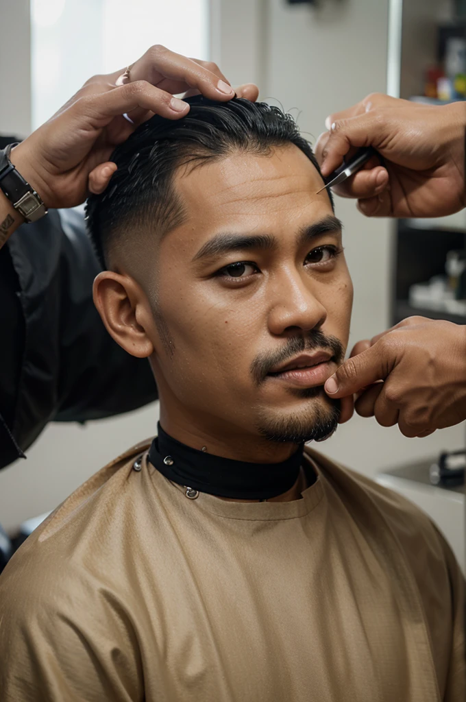 Caricature 4d,Indonesian man cutting his hair ,Barbershop,short hair,realistic 8k focus.