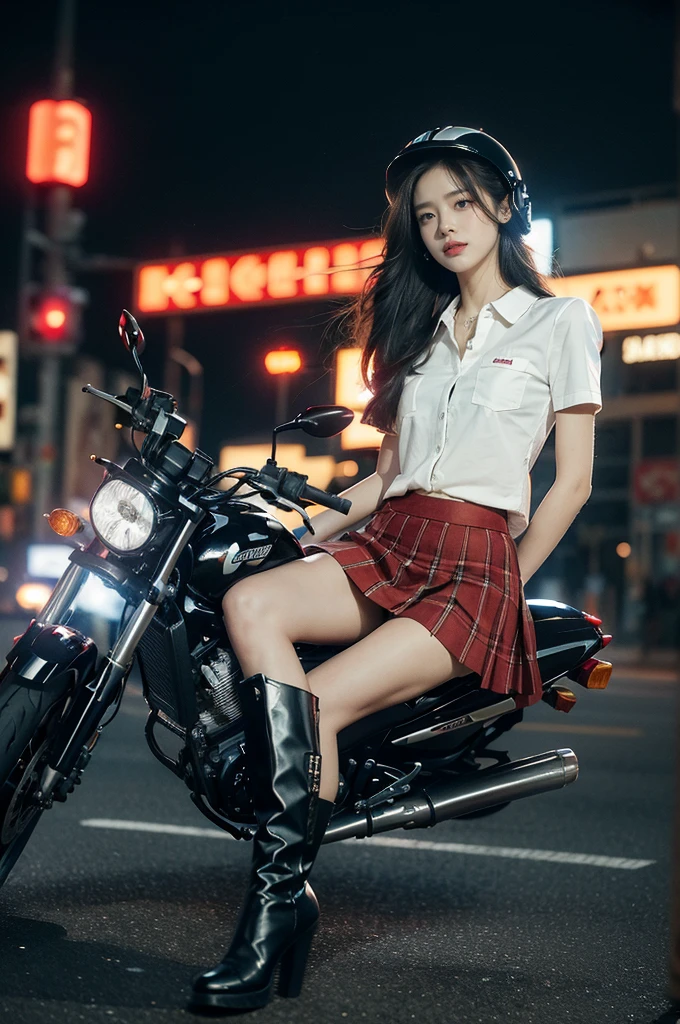 (((best quality))),(((ultra detailed))),(((masterpiece))),illustration,(1 beautiful girl,solo),((slim,thin)),((small breasts,flat chest)),(safety helmet:1.3),shoulder length straight hair,slender legs,cyberpunk, urban street,high school student, JK outfit,(riding on a motorcycle:1.3), sleek, (white collared short-sleeved shirt:1.3), (red checkered pleated skirt:1.3),(pantyhose:1.3), stylish boots, confidence, determination, dark streets,neon lights, skyscrapers, urban noises, traffic, sirens, city sounds, futuristic, dystopian society, technology, fashion, explosive cocktail, style, , modernity, attitude, spirit, anything is possible,from front