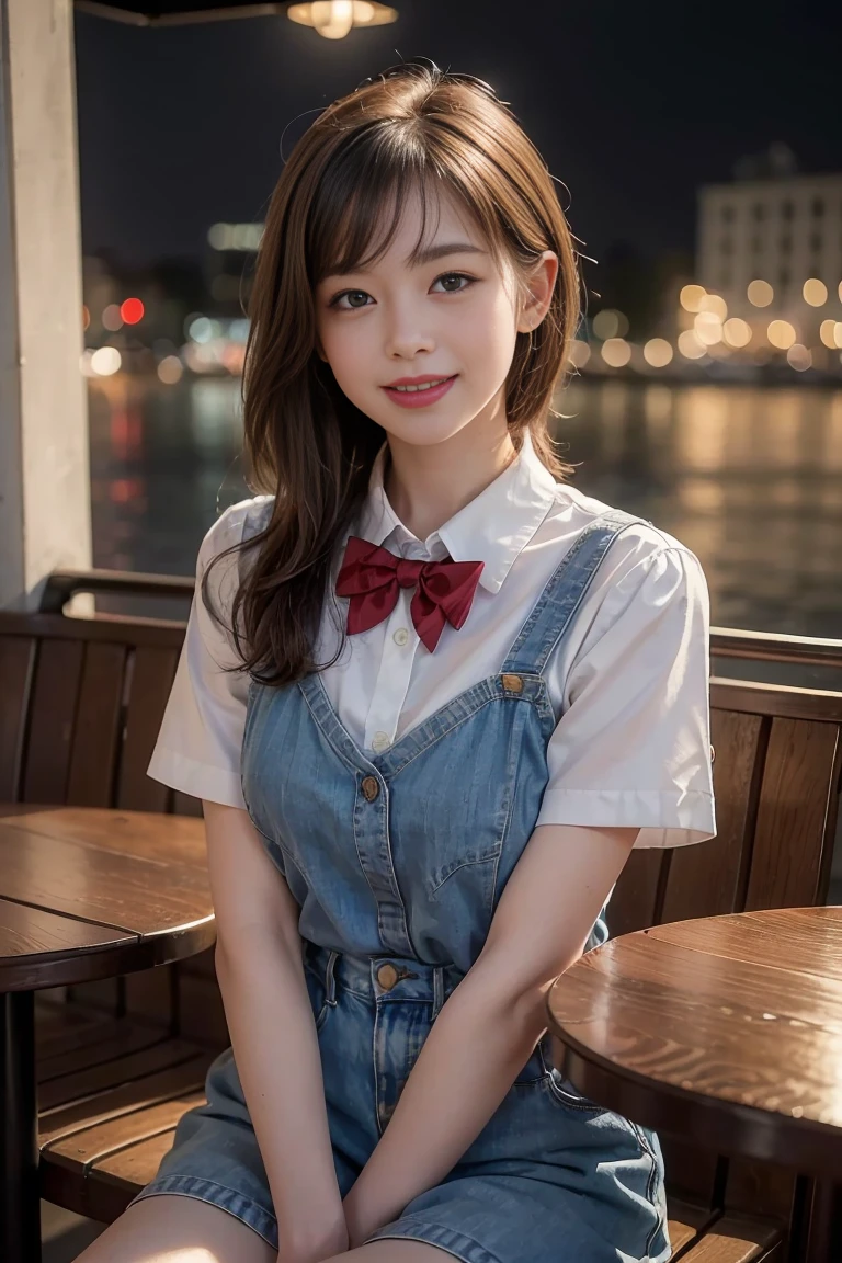 (8K, RAW Photos, Highest quality, masterpiece:1.2), (Realistic, photo-Realistic:1.37), Very detailed, 1 Girl,cute, alone,Beautifully detailed skies,Detailed Cafe,night,Sitting,date,(Red Nose),(smile:1.1),(Mouth closed), Medium Chest,Beautiful attention to detail,(Collared shirt:1.1), bow tie, blue short,(Medium Hair:1.2),Floating Hair