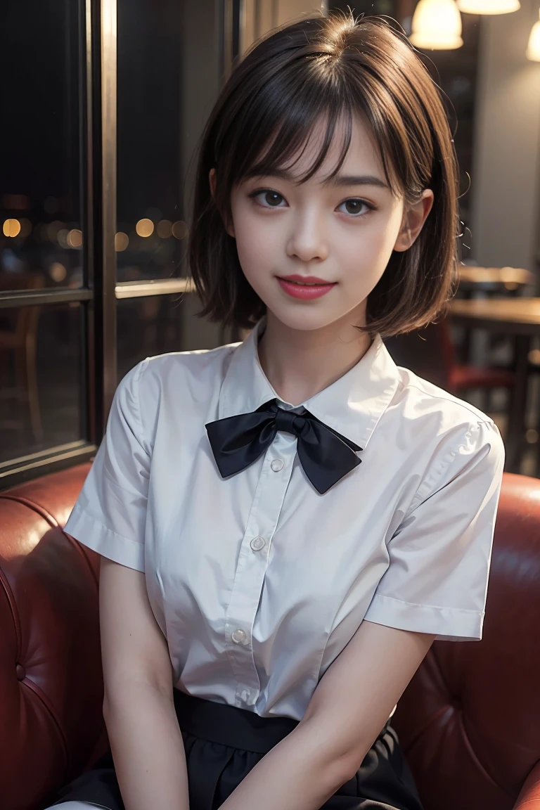 (8K, RAW Photos, Highest quality, masterpiece:1.2), (Realistic, photo-Realistic:1.37), Very detailed, 1 Girl,cute, alone,Beautifully detailed skies,Detailed Cafe,night,Sitting,date,(Red Nose),(smile:1.1),(Mouth closed), Medium Chest,Beautiful attention to detail,(Collared shirt:1.1), bow tie, blue short,(Medium Hair:1.2),Floating Hair