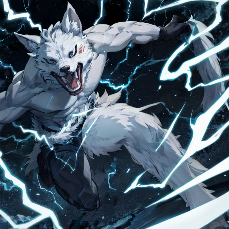 action shot of breathtaking 1boy, solo, facial mark, black eyes, white sights, fangs, dake blue skin, werewolf 
 . award-winning, professional, highly detailed. Movement, energy, dynamic, intense, lightning