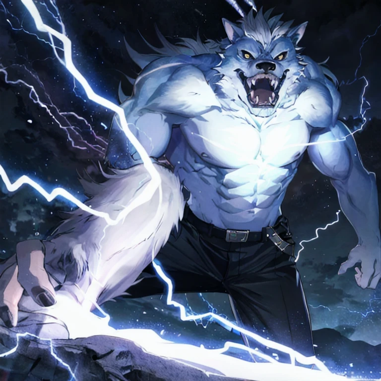 action shot of breathtaking 1boy, solo, facial mark, black eyes, white sights, fangs, dake blue skin, werewolf
. award-winning, professional, highly detailed. Movement, energy, dynamic, intense, lightning