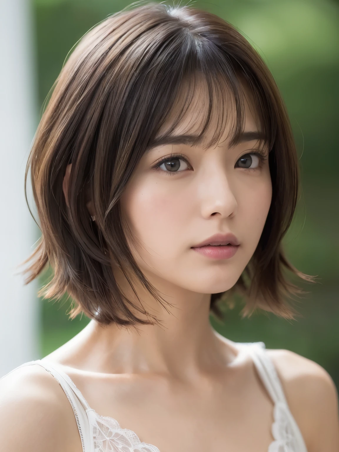(layered haircut:1.2))、short wavy hair、8K、（Raw photo）、（最high quality）、（Photo realistic：1.4）realistic to the touch realistic、(4KHigh level image quality:1.2)、(High resolution, table top, Highest quality, high detail, formal: 1.4), (realistic: 1.2, Hyper-realistic: 1.1, Photo realisticです: 1.37), Depth of bounds written, (Detailed explanation of hair), (Detailed description of the face), unparalleled beauty,, (35 years old,: 1.4)、I&#39;m a little depressed、white wall、Taken in front of the white door、((A room with a white wall and a window))、natural soft light、short hair、beaver hair、realistic、High level image quality、high quality、profile、Versatile poses、profile、random pose、Autumn outfit、Winter clothes、 necklace