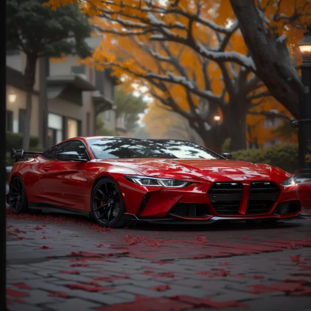 a red car parked on a brick road in front of a tree, 8 k highly detailed ❤🔥 🔥 💀 🤖 🚀, red car, hyper realistic style, dominating red color, sports car, wide body, sport car, f32, f 3 2, chrome red, vibrant red, realistic cars, metallic red, red theme, auto photography, profile pic