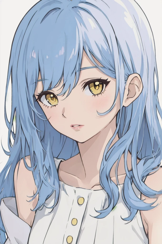 anime style, 1girl, light blue hair, long hair, yellow eyes, white sleeveless dress, light purple sleeves, lips,, portrait,, white background
