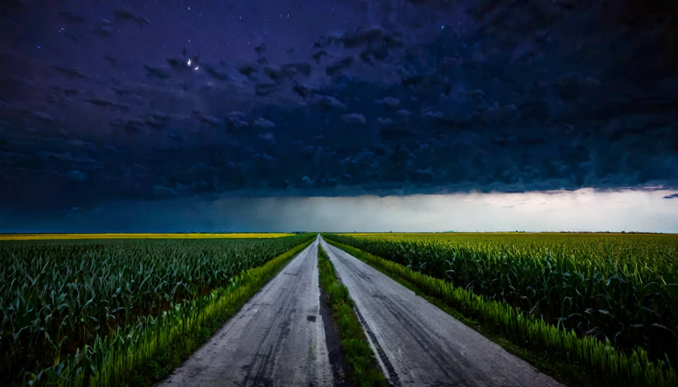 deserted road, surrounded by crop fields, dark, ominous night