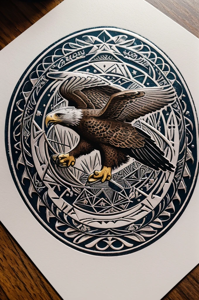 Make a circular stamp with a majestic eagle in ascending flight, its wings spread and claws ready for combat. The background of the seal could be decorated with geometric patterns that suggest speed and precision. Around the edge of the seal, that the words are engraved "Audacity and Dexterity" in a robust and modern typography, indicating the qualities of the squad.