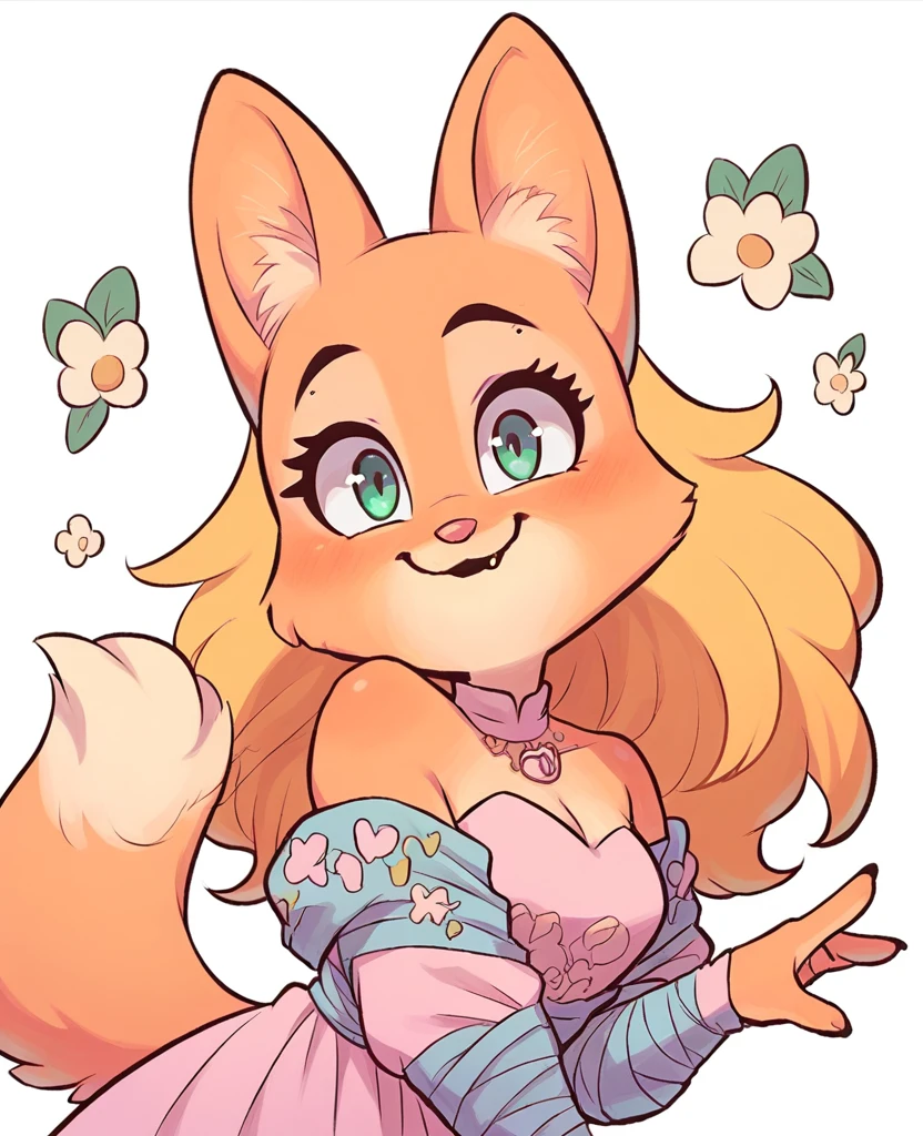 Diane foxington as a little kid with yellow bangs on head, yellow fringe, yellow long hair, pink cute dress, cute fox, girl, alone