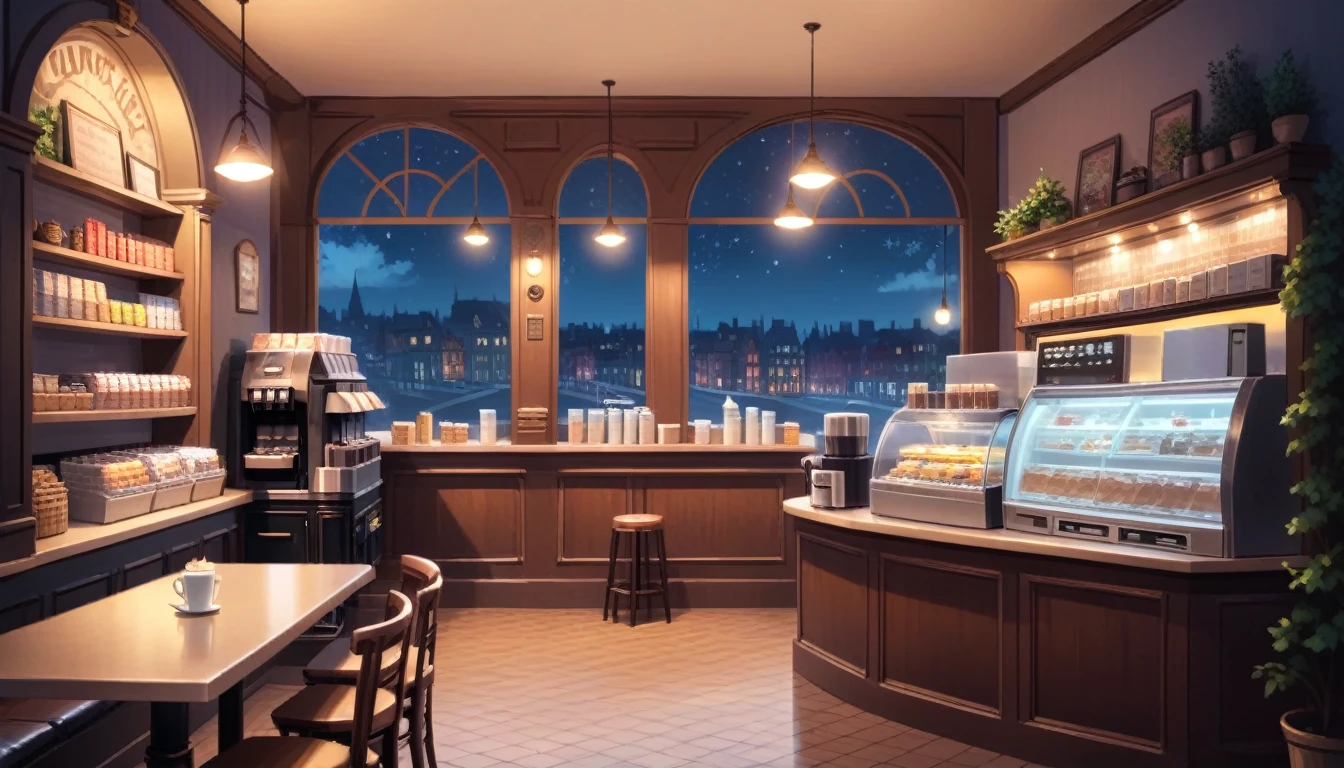a victorian cozy night time at a coffe interior with cozy lighting and sweets in the shelves. There are coffee cups in the tables. a cash machine and a coffee maker machine in the counter,There is a big window in the middle of the coffeeshop and the outside view is the city at night