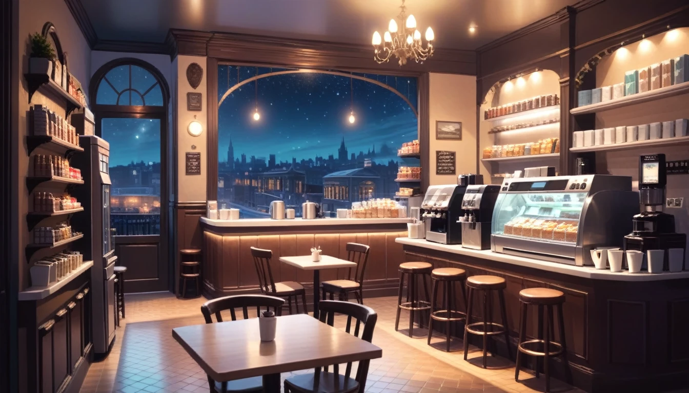 a victorian cozy night time at a coffe interior with cozy lighting and sweets in the shelves. There are coffee cups in the tables. a cash machine and a coffee maker machine in the counter,There is a big window in the middle of the coffeeshop and the outside view is the city at night