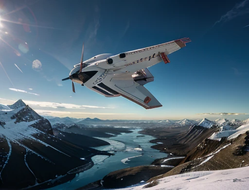  dynamic photography. Spaceship flying low over icy mountains 
