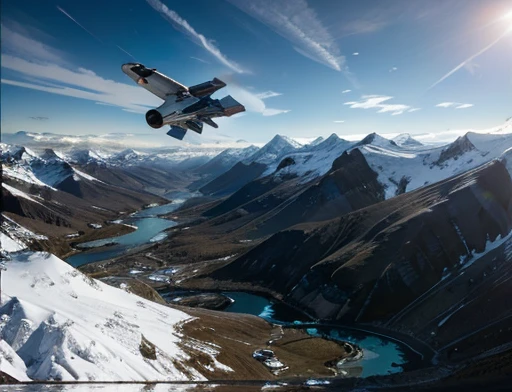 dynamic photography. Spaceship flying low over icy mountains