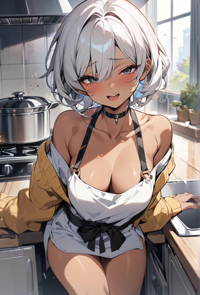 (anime style),masterpiece, best quality, extremely detailed,,tanned skin,dark skin, Beautiful body,glamour breasts,BREAK,multicolored colorful white hair,shaggy hair,very short hair,BREAK,black eyes,black choker,shy smile,open mouth,half closed eye,detailed lips,open legs,BREAK,cotton black big ribbon,BREAK,yellow a sweater with vertical stripes,kitchen apron,off shoulder,navel,break,head tilt,in the kitchen,have a carrot,put one knee on the desk