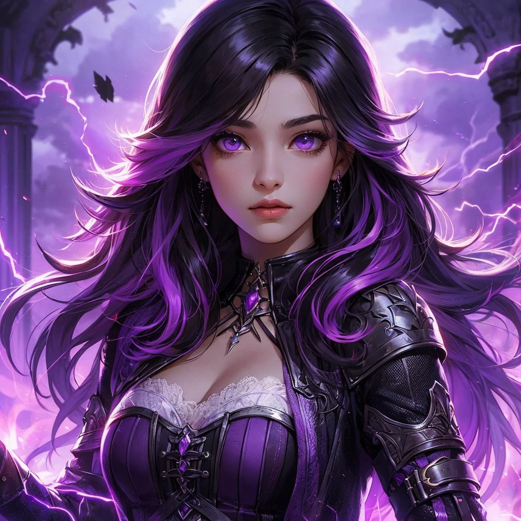 a fantasy novel-style animated image of a character portrait. animadas. She is 22 years old. She has long purple and black hair. She's pretty with purple mermaid eyes. She is wearing a purple, black and white medieval female fantasy warrior outfit with a jacket. She is flirtatious, beautiful and has a pretty face. Powers of purple lightning and purple storms surround her. She is holding a purple lightning sword. Dystopian background with purple lightning. Dark tragic theme. serious.