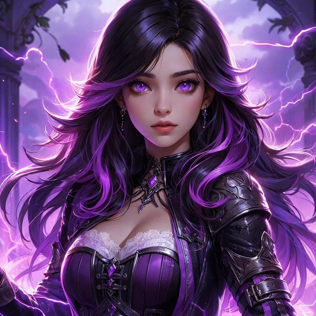 a fantasy novel-style animated image of a character portrait. animadas. She is 22 years old. She has long purple and black hair. She's pretty with purple mermaid eyes. She is wearing a purple, black and white medieval female fantasy warrior outfit with a jacket. She is flirtatious, beautiful and has a pretty face. Powers of purple lightning and purple storms surround her. She is holding a purple lightning sword. Dystopian background with purple lightning. Dark tragic theme. serious.