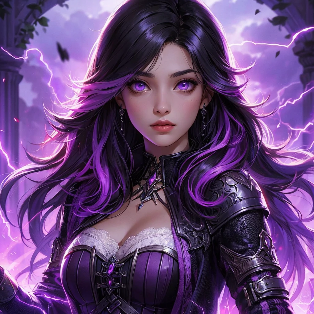 a fantasy novel-style animated image of a character portrait. animadas. She is 22 years old. She has long purple and black hair. She's pretty with purple mermaid eyes. She is wearing a purple, black and white medieval female fantasy warrior outfit with a jacket. She is flirtatious, beautiful and has a pretty face. Powers of purple lightning and purple storms surround her. She is holding a purple lightning sword. Dystopian background with purple lightning. Dark tragic theme. serious.