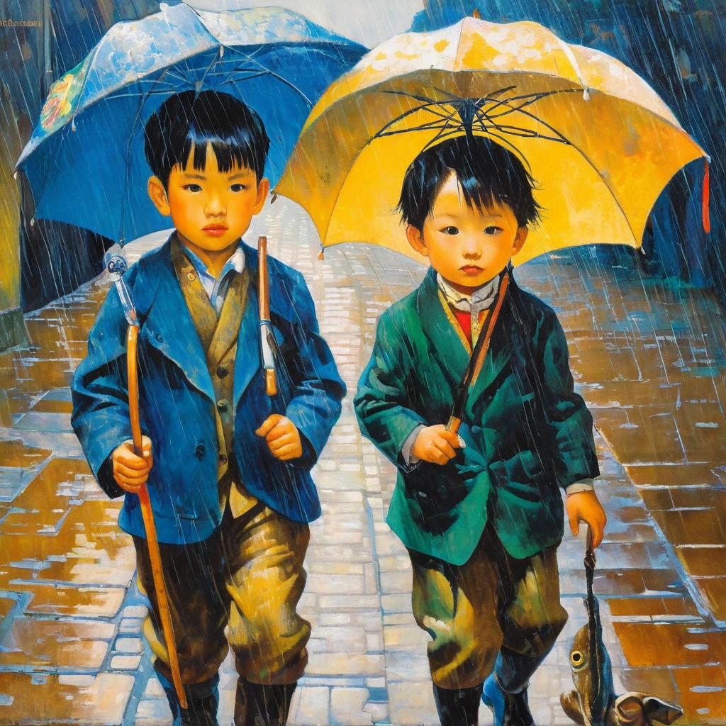 painting of two children with umbrellas and a dog in the rain, by Candido Portinari, by Watanabe Kazan, by Armin Baumgarten, by Fujishima Takeji, by Jerry Pinkney, by Tsubasa Nakai, by Tibor Rényi, by Ye Xin, by Kamisaka Sekka, inspired by Candido Portinari